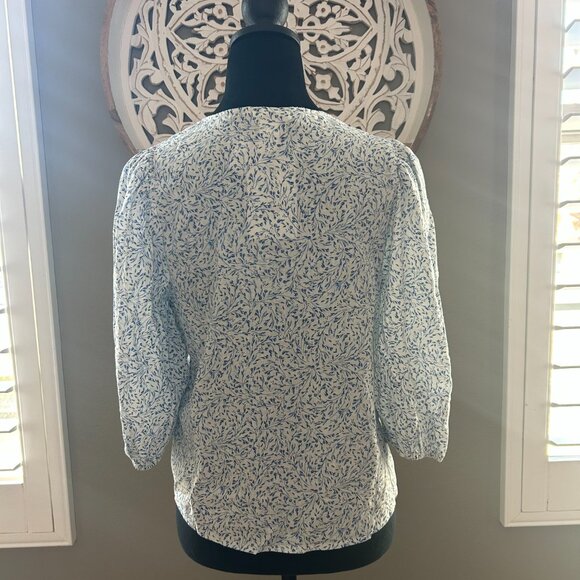 H&M Top Linen Button Down Shirt Blue Floral Blouse Spring Casual Everyday SZS - Picture 2 of 13